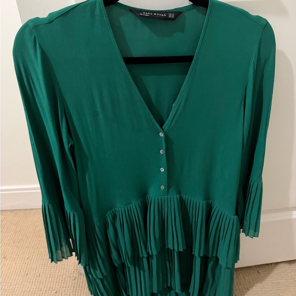 Zara Emerald Green Pleated V-Neck Tunic